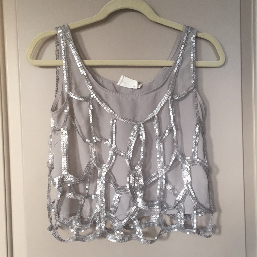 Grey/silver cropped tank with sequin overlay